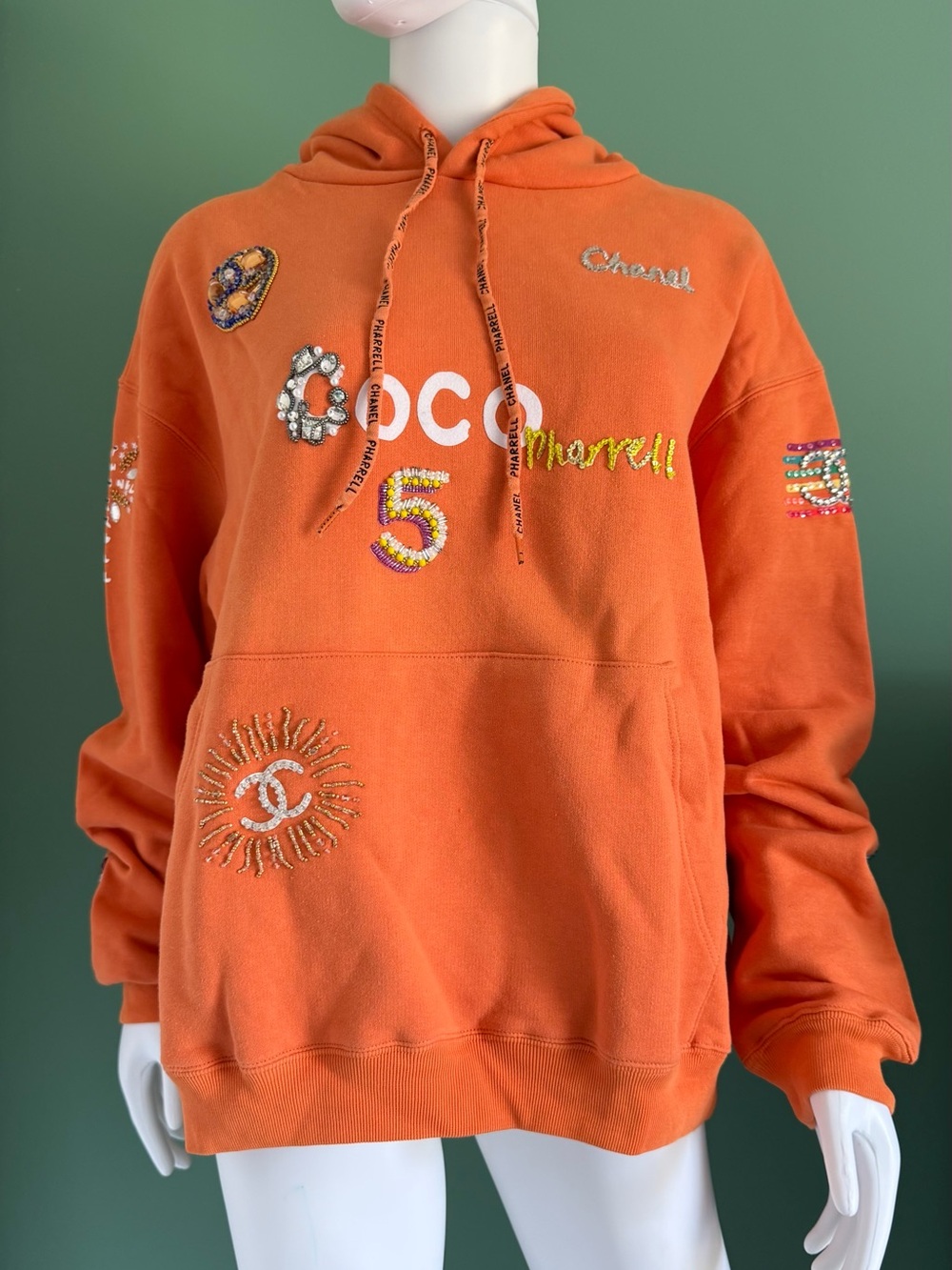 CHANEL Pharrell Orange Embellished Logo Hoodie Sweatshirt